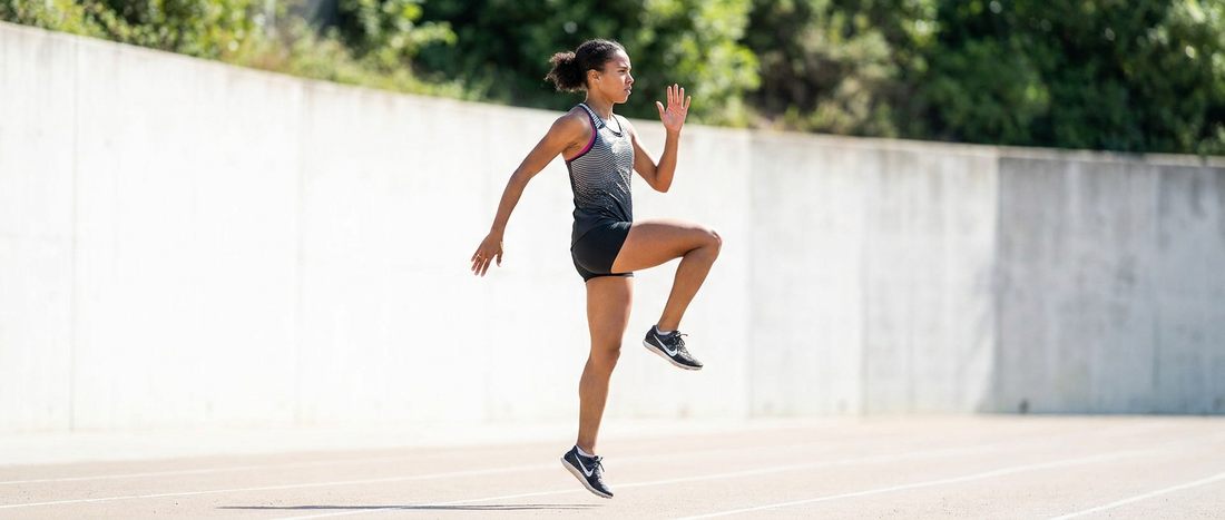An athlete performing a high knees drill