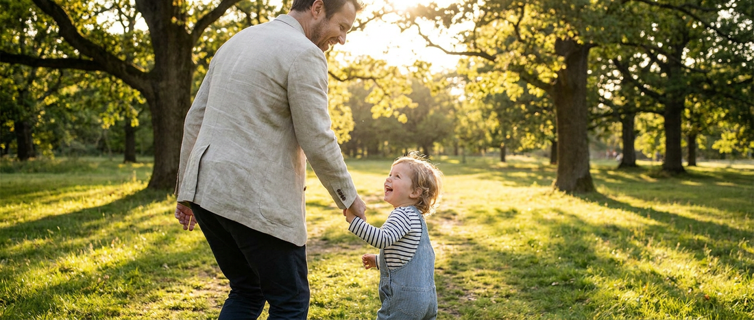 A parent and young child running together in a park