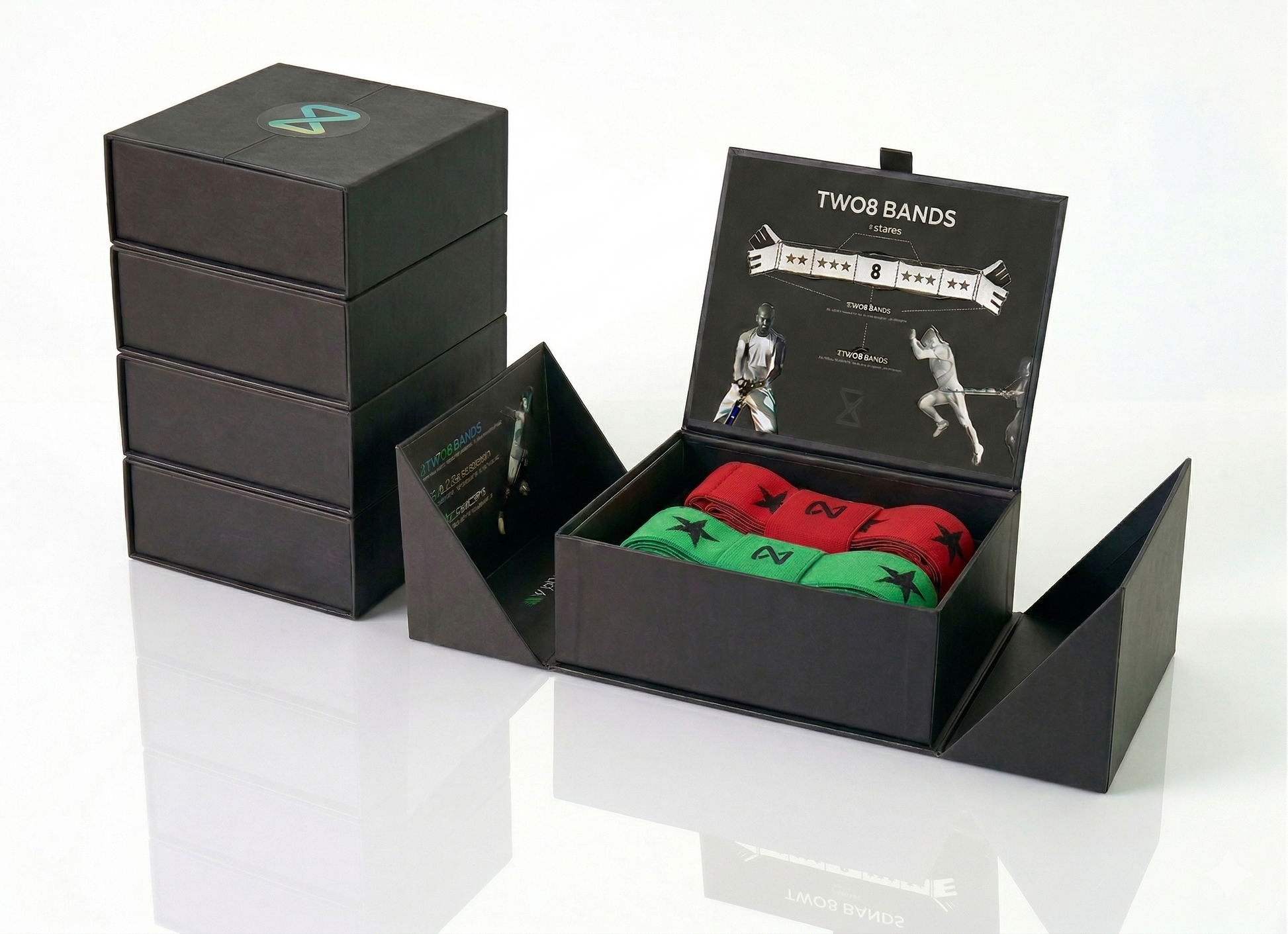 Two8 Move Better Bundle showing 5 sets of Two8 Bands in premium black boxes with Movement Band and Super Band visible