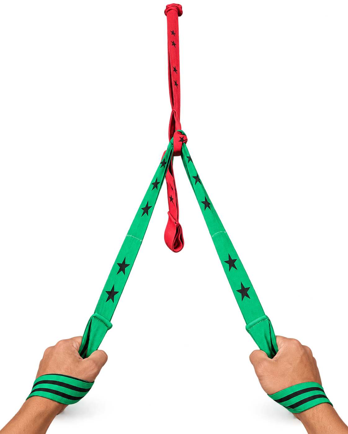 Two hands holding Two8 Bands connected overhead.