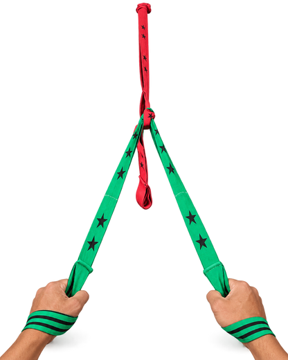 Two hands holding Two8 Bands connected overhead.
